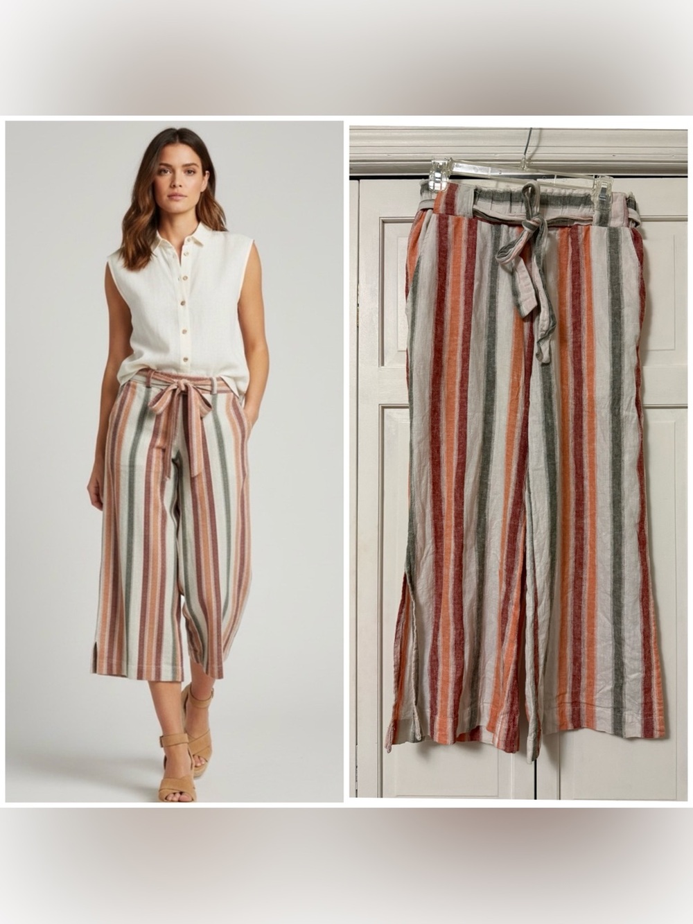 Indigo Rein Striped Tie-Waist Cropped Wide-Leg Pants Linen Blend Coastal Beach